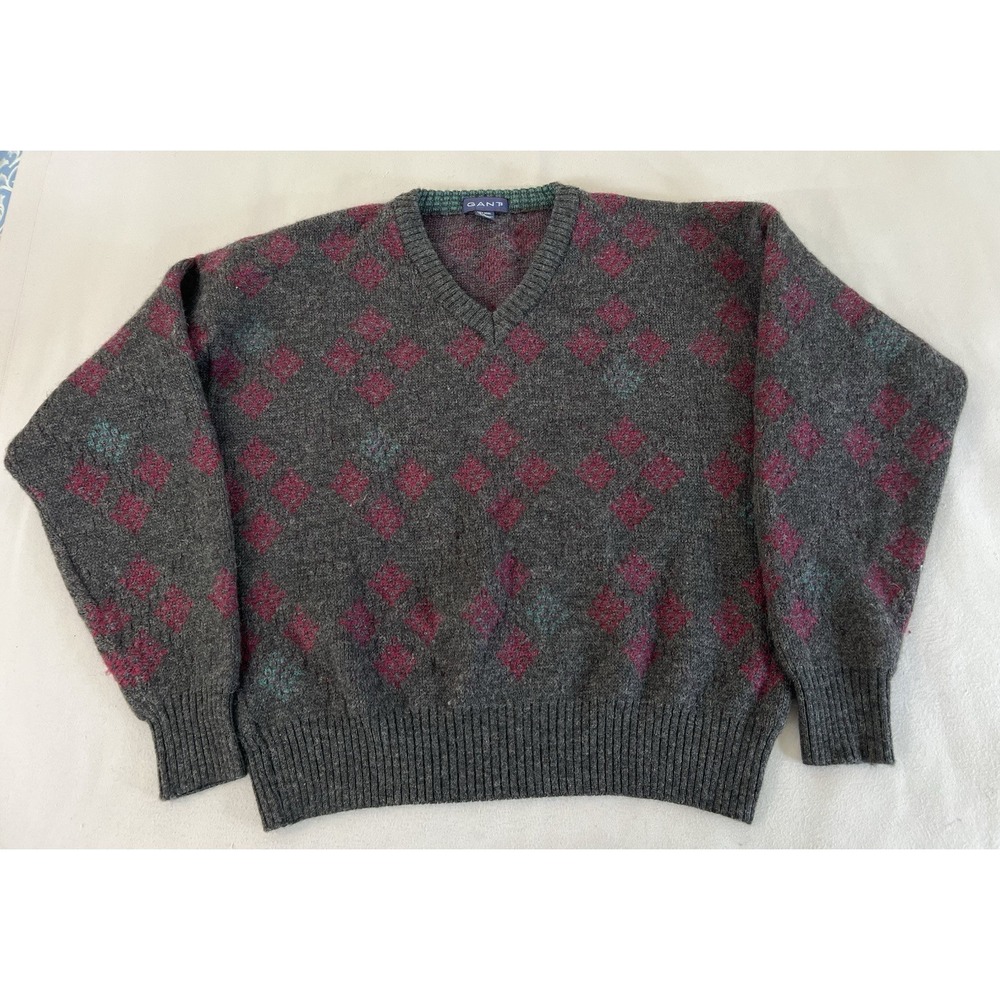 Vintage GANT Sweater Men XL Gray  Knit  Grandpa Y2K V- Neck